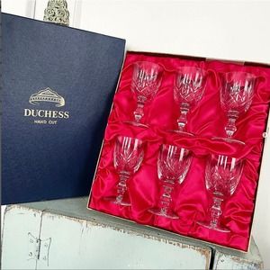Vintage Duchess Hand Cut Crystal Cordial Wine Glass SET 6 Red Satin Box Barware